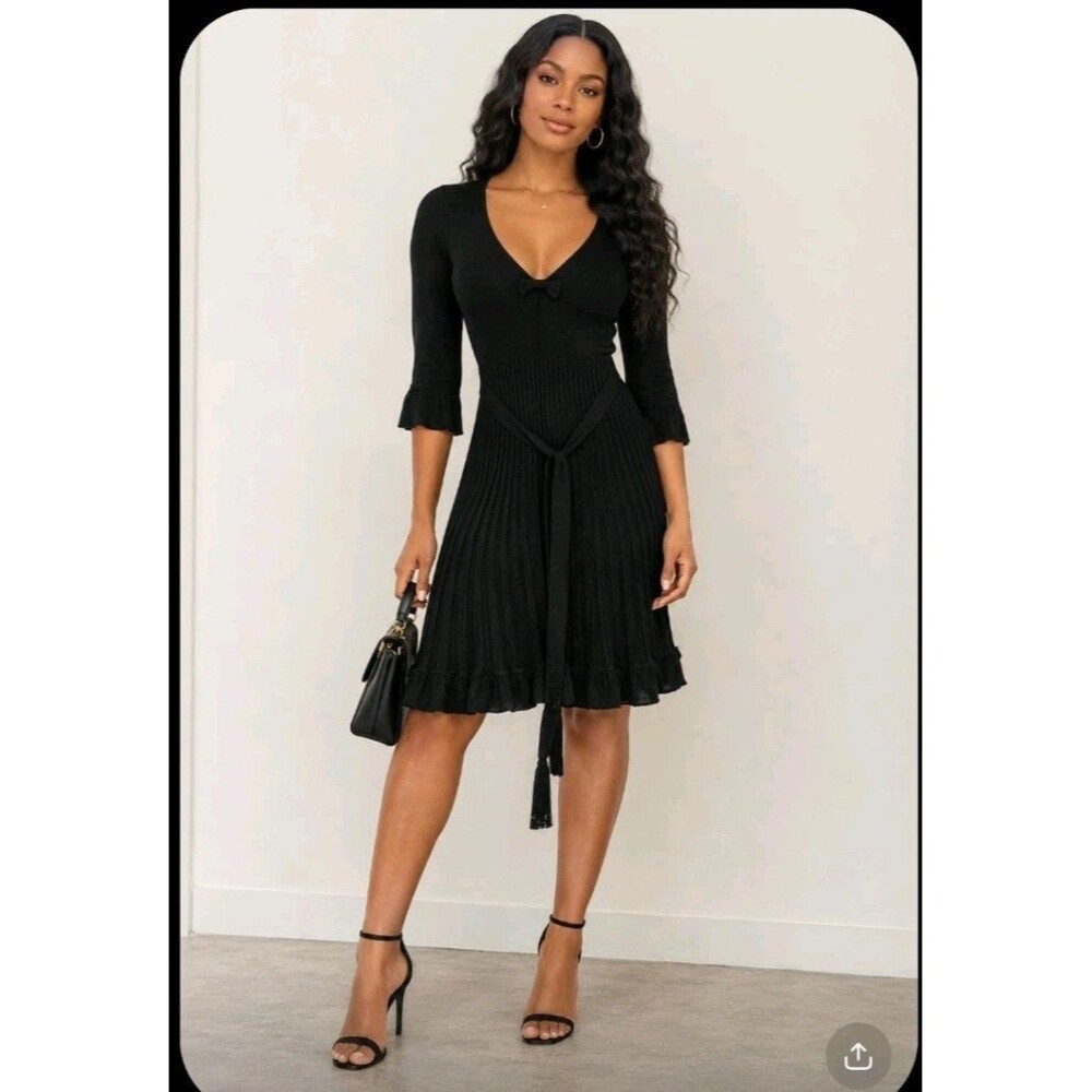 Rebecca Taylor Black Rib Knit Fitted Knee Length Sweater Dress Women's Size XS